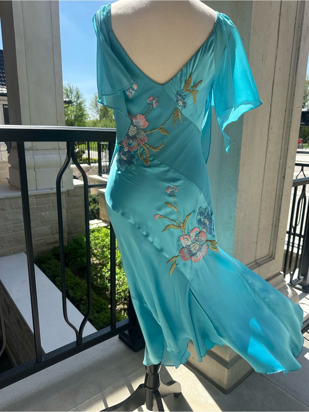 Sue Wong Silk Turquoise Y2K Ruched Floral Embroidered Asymmetrical Dress- Size 8 - Picture 9 of 14
